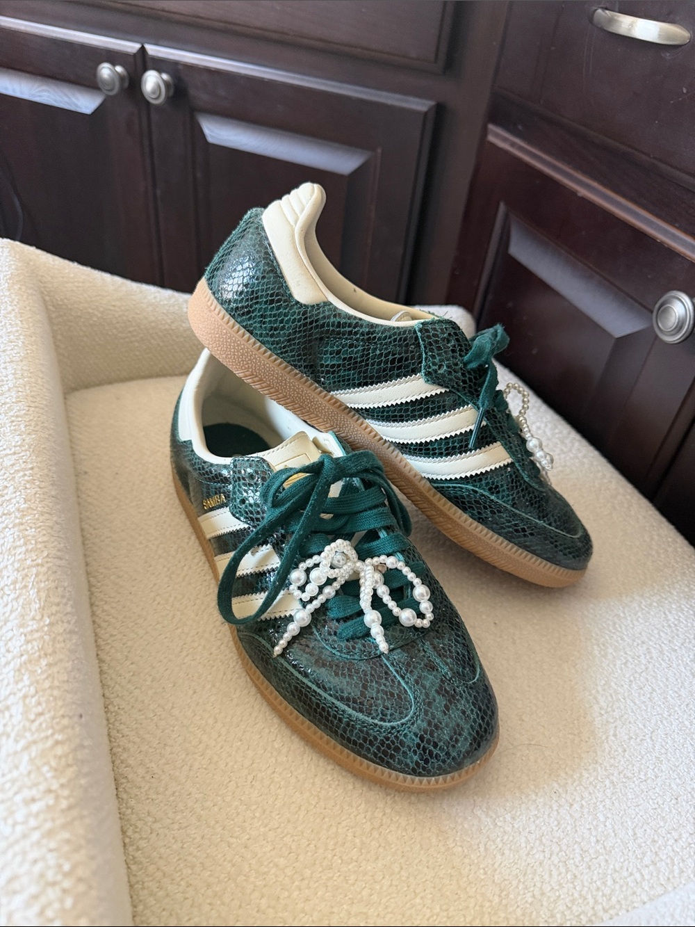 adidas Green Snakeskin samba Classic Sneakers with White pearl bow Accents